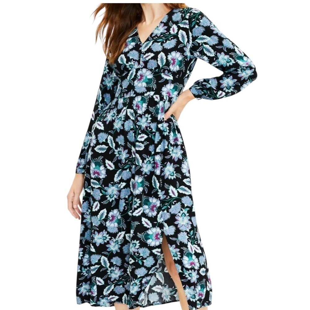 LOFT Floral Long Sleeve V-Neck Midi Dress Size 8 Feminine Romantic Boho